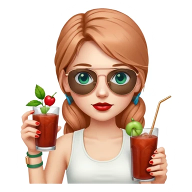 girl with long pig tailed hair
with blue eyes
and aviator sunglasses
wearing white tank top 
holding bloody mary
wearing (rose gold apple watch with forest green band) sticker