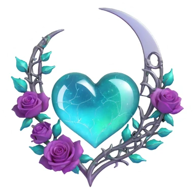 3D emoji-inspired gothic heart of iridescent aurora glass, featuring a silver crescent moon, neon teal lightning, gradient roses, holographic stardust, drenched splintered glass sticker