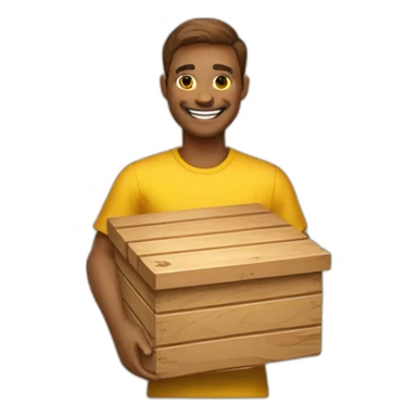 A person holding a box of wood with a beautiful smile will make any wooden product you want, he has a yellow food ball. sticker