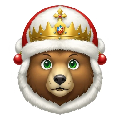 Brown bear head only with green eyes, white furry ushanka hat with accurate Russian Federation emblem featuring golden eagle, three crowns, scepter, orb, and red shield with St. George, iOS emoji style sticker