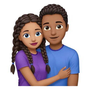 Boyfriend who is very tan olive skinned with blue eyes and wavy straight brown hair in a blue shirt and his girlfriend who is very dark skinned, juicy lipped with black braided hair and the two are hugging and smiling hugely she’s wearing purple and she has black eyes sticker