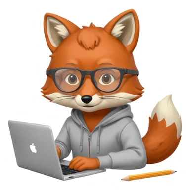 fox with clear fur wearing a gray hoodie and vision glasses, working interestedly on a laptop, holding a pencil in hand, notebook lying nearby, no background sticker