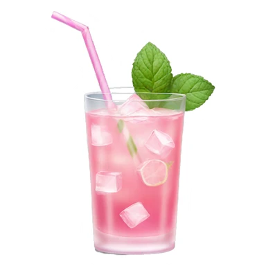 glass of pink lemonade with ice cubes, mint leaves, and a striped pink straw sticker