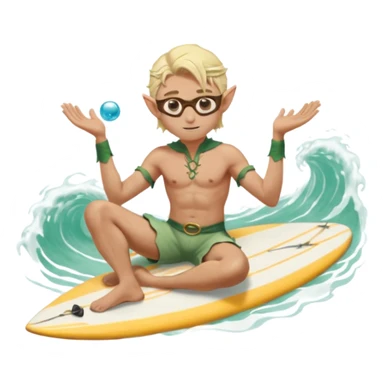 elf male legolas sitting on surfboard (ashore), hands manipulating two orbs of swirling seawater giving a "massage" to his own shoulders, wearing relaxed linen shorts over swimwear, tinted elven sunglasses, pointy ears, content expression, centered emoji sticker