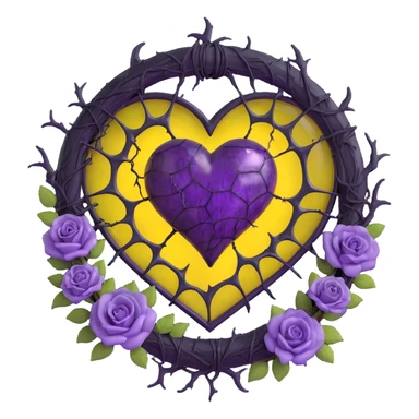 gothic heart made of purple glass with a full moon behind it, black rose wreath, subtle lightning glow, heavy storm rain, spiderweb cracked glass texture sticker