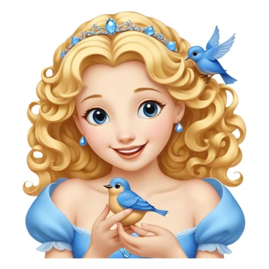 Cinematic Adorable Cinderella Portrait Emoji, Giggling softly while holding a tiny bluebird, golden curls bouncing, eyes sparkling with joy, wrapped in a soft golden glow, exuding warmth and charm, an irresistible blend of beauty and playfulness! sticker