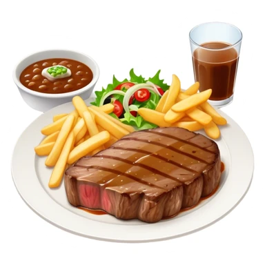 big juicy australian steak meal featuring chips, small salad in a ramiken and gravy  sticker