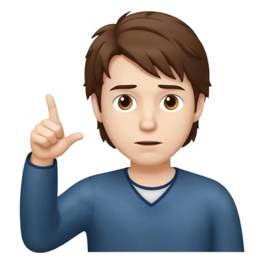 Weak man with disheveled hair pointing to his right sticker