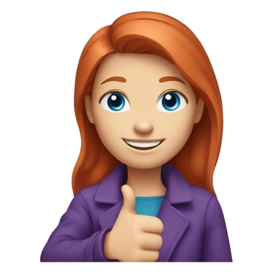 create an avatar of a smiling redhead girl, blue eyes, with a purple coat, giving a thumbs up sticker