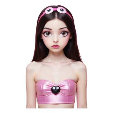 girl with white skin, dark brown long straight hair falling in front of her body, pouty shiny lips without cupid's bow, shiny large eyes with black eyeballs and long eyelashes, lighter button nose, very long oval-shaped face, wearing a pink bandeau top with straight neckline, looking directly at camera with hands down at sides sticker