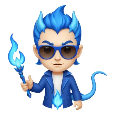 Cool devil with blue flame tail and shades, cute face, half body sticker