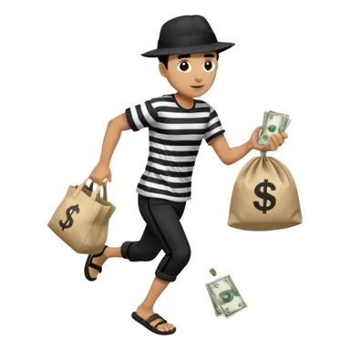 Make a man wear a black pant and he shirt is balck line and white line and wear a black hat and he holding a money bag and he running he wear a black eye thing no money in the Left hand and he yellow and the money bag in the right he wear a flip flop like this is Money bag 💰 NO MONEY sticker
