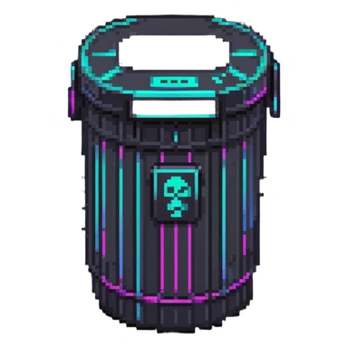 32x32 cyberpunk trash bin icon with futuristic neon elements, retro computer style sticker
