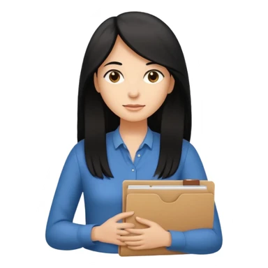 a light tan woman with long black hair past mid-back, round brown eyes and manila folder in her hands sticker