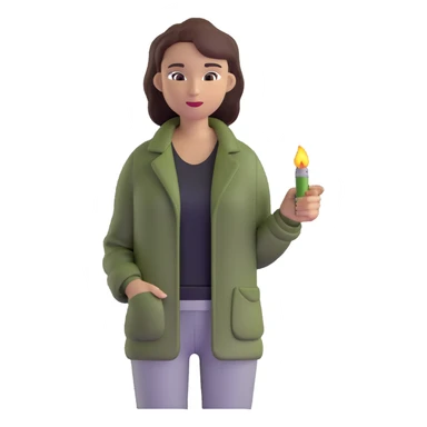 woman wearing dark olive green jacket over a lighter green top sticker