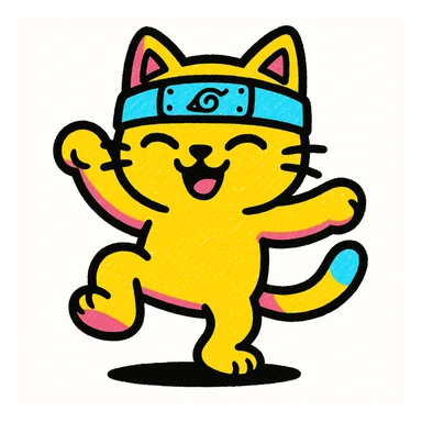 cute cat dancing with a naruto headband, bright colors, pop atmosphere sticker