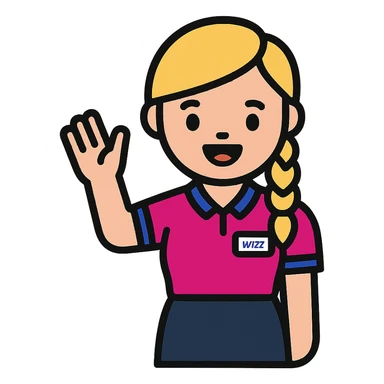 flat design emoji of a cheerful Wizz Air flight attendant waving and smiling, blonde side braid, vivid pink shirt with blue trim, navy skirt, name tag, friendly cartoon-like expression, real colors from reference photo, transparent background sticker