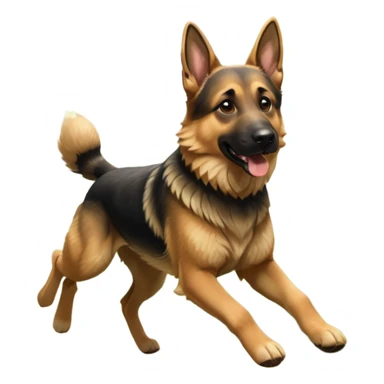 A German Shepherd running through a forest trail, showing strength and motion. Sunlight filtering through trees, dynamic action shot, detailed fur texture. sticker