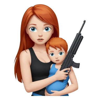 A red head with long straight hair, she has blue eyes with big boobs. She’s wearing a black tank top and holding a gun up in one hand and a baby boy with blue eyes sucking on one of her boobs in the other arm sticker