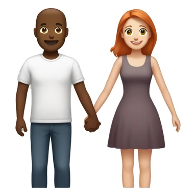 Emoji of a light-skinned red-haired woman and a medium-to-dark brown-skinned man holding hands. Both are smiling with minimalistic, emoji-style features from shoulders up, conveying a friendly, supportive bond. sticker