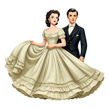 Icon for Romance Movie: A vintage movie poster-style design inspired by Gone with the Wind. Include romantic, sweeping imagery like Scarlett O'Hara in a flowing dress, Rhett Butler, a plantation backdrop, and fluttering wind-blown fabric. Soft, nostalgic cinematic feel. Transparent background. sticker