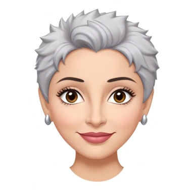Puerto Rican actress Marian Pabón with elongated face, light pinkish skin, almond-shaped expressive eyes, straight nose, well-defined lips with wide smile, arched eyebrows, pronounced cheekbones, short spiky gray hair like a man's cut sticker