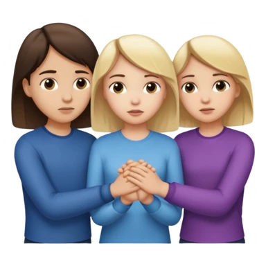  iOS emoji style.
A girl holding hands with two boys at the same time,one boy si brunette the other blonde, one on each side. the brunette one is kised by the girl but the blonde one si holding hand with her
The girl has a suspicious, guilty expression
 smooth gradients, rounded shape sticker
