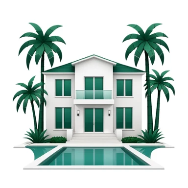 white luxury villa with dark green palm trees, minimalism, no emojis or faces, white background sticker