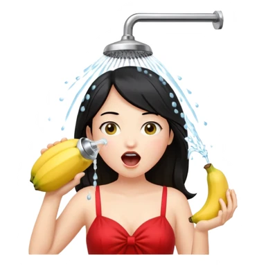 a girl with black hair and red dress with opened mouth drinking pale yellow water coming out from a shower looking like a banana above her head sticker