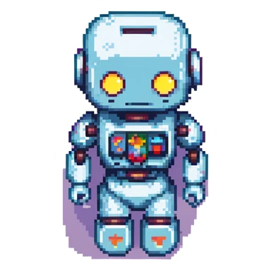 female robot, pixel art style, retro video game sprite sticker