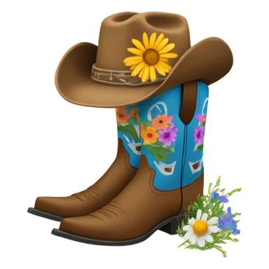 Cowboy Boots with wildflowers sitting inside them and a cowboy hat around them sticker