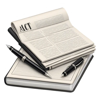 Create an emoji representing journalism and publicistic writing. The design should feature a stack of newspapers, an open notebook, and a classic fountain pen placed on top of the notebook, symbolizing the act of writing. The scene should convey a sense of professionalism and thoughtful analysis. Use a neutral and professional color palette, with black, white, and muted tones. Do not include any emojis or smiley faces. Make the background transparent. sticker