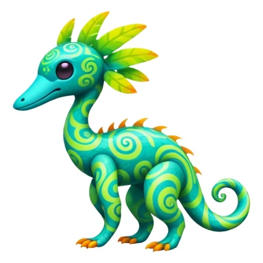 futuristic lush tropical exotic patterned swirly random-colored neon-colored Fakémon-Trico-creature (full body) sticker