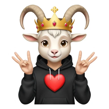 Goat with horns wearing black hoodie and a royal crown do the heart hands sign sticker