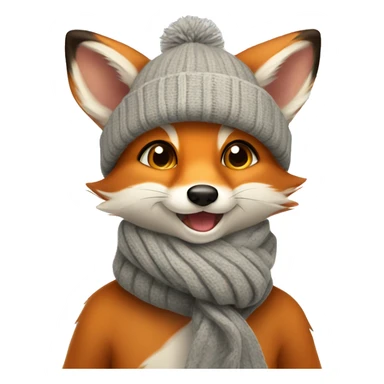 A cute little charming fox cub in a winter hat and scarf shows his tongue sticker