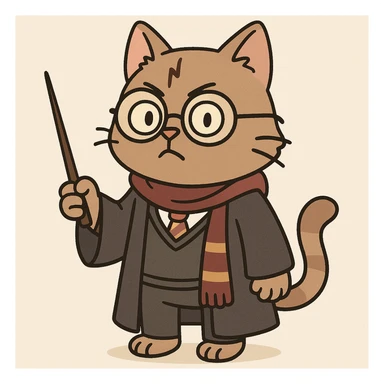 a cat dressed as a wizard with round glasses and a lightning scar, holding a wand, cartoon style, flat toon sticker