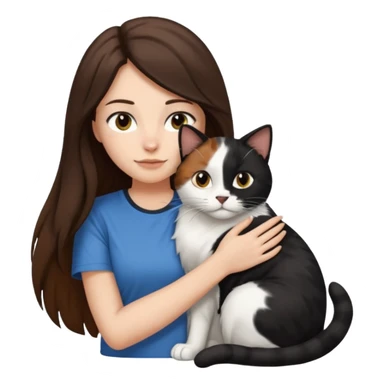 Brunette woman with long hair wearing a tshirt snuggling black brown and white calico cat sticker