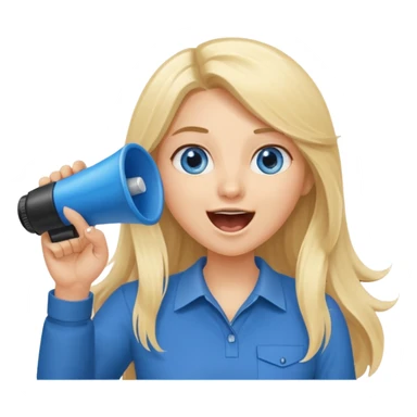  blue eyes blonde girl yelling into megaphone with right hand smiling long hair holding up left first finger sticker