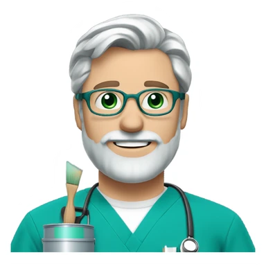 male dark blond doctor with grey beard with hazel eyes and wire-rimmed glasses in teal scrubs holding a paintbrush and paint can sticker