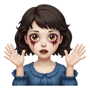 Cabelo ondulado  um pouco cheio e franja curta  Olhos marrons e pequenos e feita d ezumbi mais bonita com cabelo amarro na e com as mãos assim tipo assim🧟‍♀️ sticker