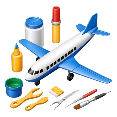 photorealistic icon featuring model-building tools like glue, paint, paintbrushes, pieces of a plastic model airplane in the process of being assembled. The design includes detailed textures of the model pieces and tools, capturing the focus and creativity of model building. Transparent background. sticker