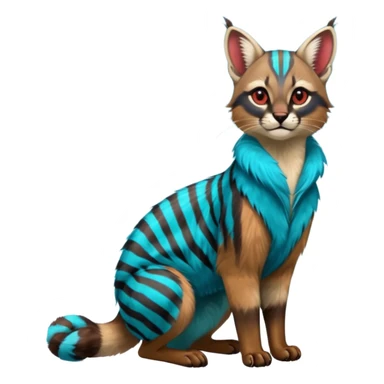 Colorful exotic shiny striped cobalt-blue-cyan-gradients-colored fur coat with red markings tropical glorious divine exotic cute cool beautiful realistic caracal-civet-genet-sergal-vernid-Cacomistle-Trico-oncilla-animal-Fakémon-hybrid-fursona (full body) sticker