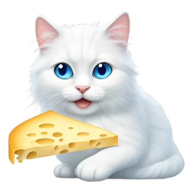 White fluffy cat with blue eyes eating cheese sticker