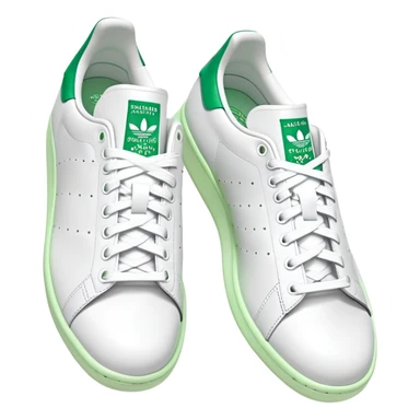Two Adidas Stan Smith shoes arranged as a pair with one slightly behind the other, white with green heel details, clean classic design sticker