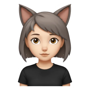 a girl with short brown wolf cut , grey cat ears and a tail, with a black t-shirt on sticker