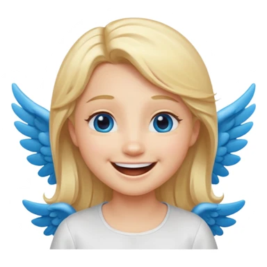 angel emoji blonde hair, blue eyes and smiling, larger wings with darker outline on them and bigger smile and more smiley eyes laughing sticker