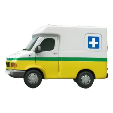 British NHS ambulance, yellow in colour, with green checkerboard print along the bottom. NHS logo on the side.  sticker
