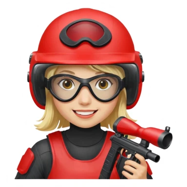 blond girl playing paintball with red paintball helmet, only face sticker