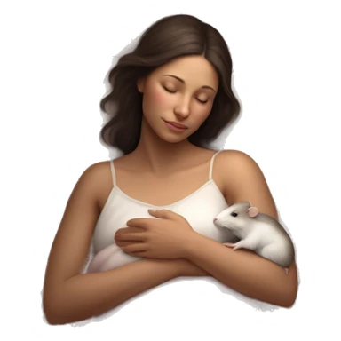 tan skinned white woman with dark brown hair peacefully sleeping and cradling a small delicate white rat with pink eyes in her hands resting it close to her chest. serene and dreamy atmosphere style is soft and realistic sticker