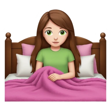 Girl with white skin tone and greens eyes and long brown hair laying in bed with a tan padded headboard and pink fuzzy blanket sticker
